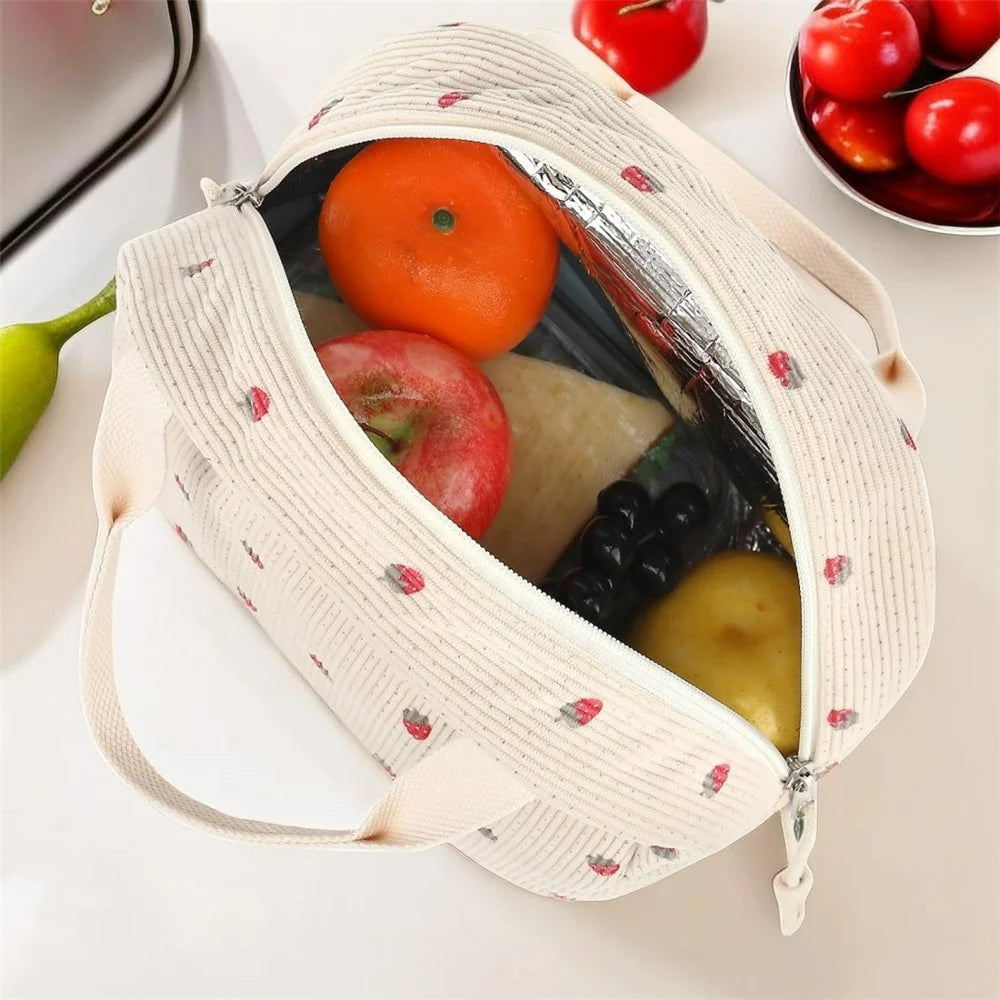Corduroy Insulated Lunch Bag Large Capacity Thermal Food Storage Bag for Outdoor Picnic Camping - Beige / Strawberry - 4