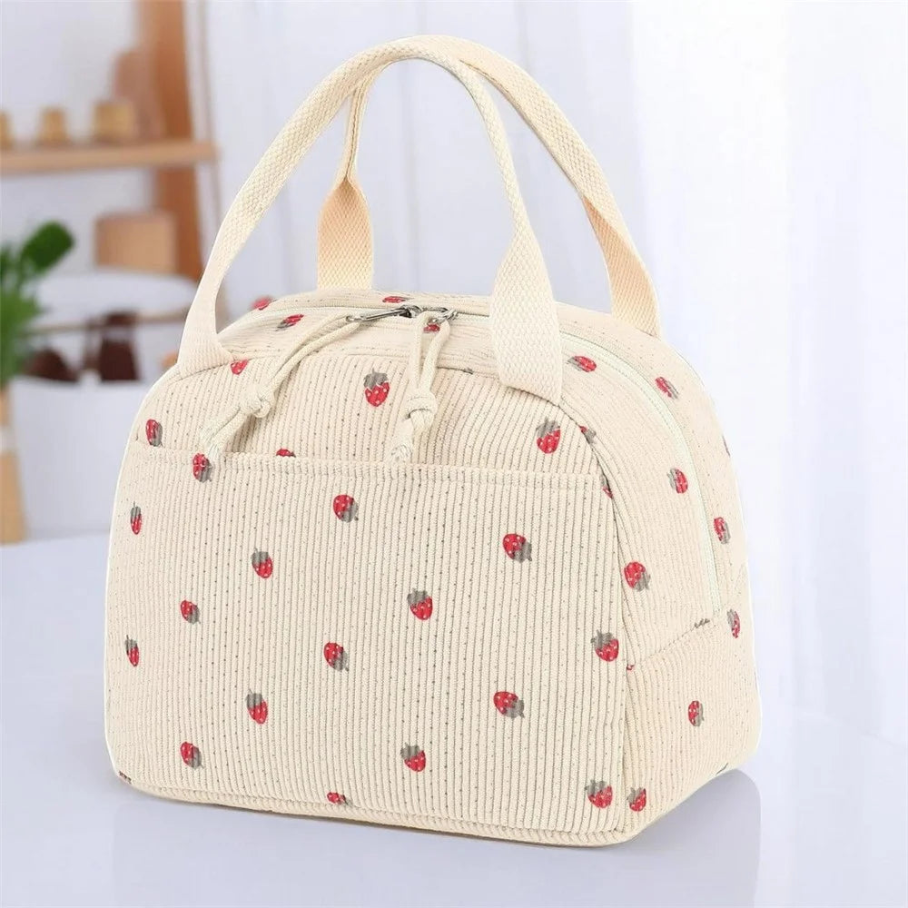 Corduroy Insulated Lunch Bag Large Capacity Thermal Food Storage Bag for Outdoor Picnic Camping - Beige / Strawberry - 5