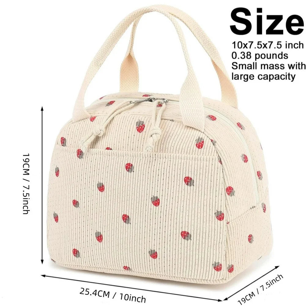 Corduroy Insulated Lunch Bag Large Capacity Thermal Food Storage Bag for Outdoor Picnic Camping - Beige / Strawberry - 6