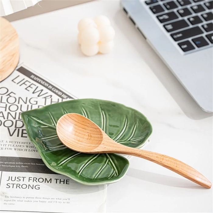 Creative Leaf Shape Ceramic Spoon Rest Dish Kitchen Utensil Holder Decorative Bowl - Green - 2