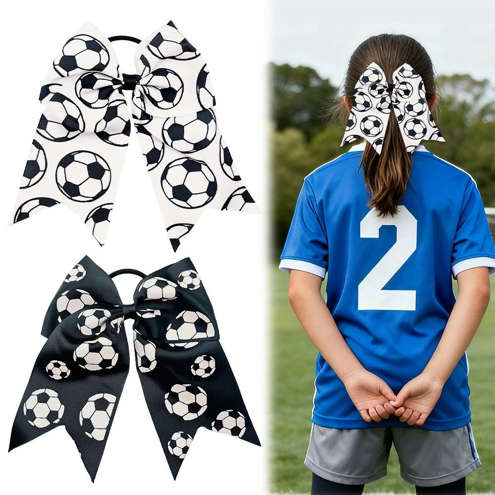 Soccer Football Hair Bow Elastic Ponytail Holder Kids Girls Hair Tie Sports Fan Hair Accessories - White - 2