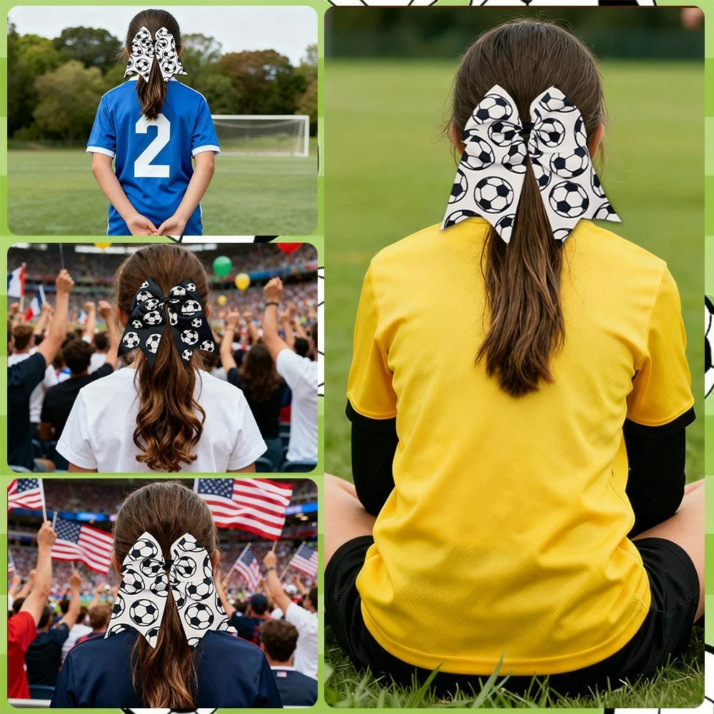 Soccer Football Hair Bow Elastic Ponytail Holder Kids Girls Hair Tie Sports Fan Hair Accessories - White - 5