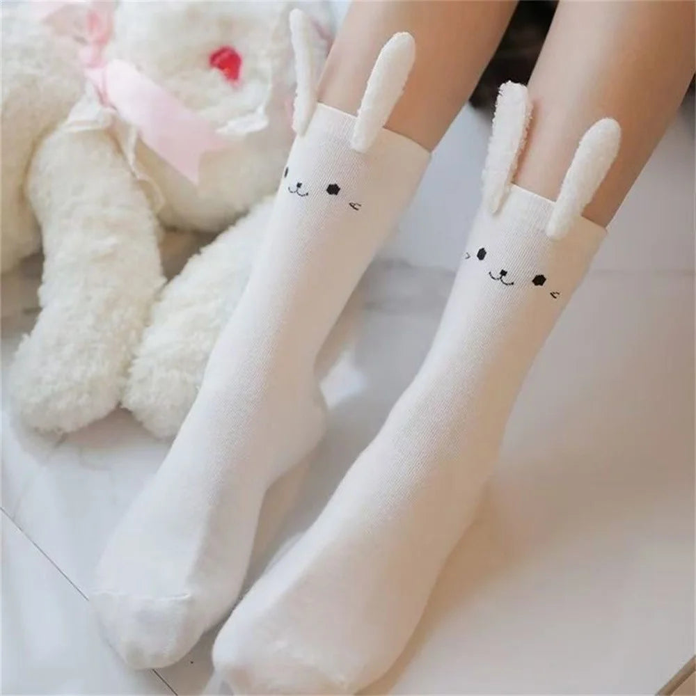 1 Pair Cute Bunny Ear Socks Women Sweet Kawaii Short Ankle Socks Cartoon 3D Plush Ears College Style - White - 1