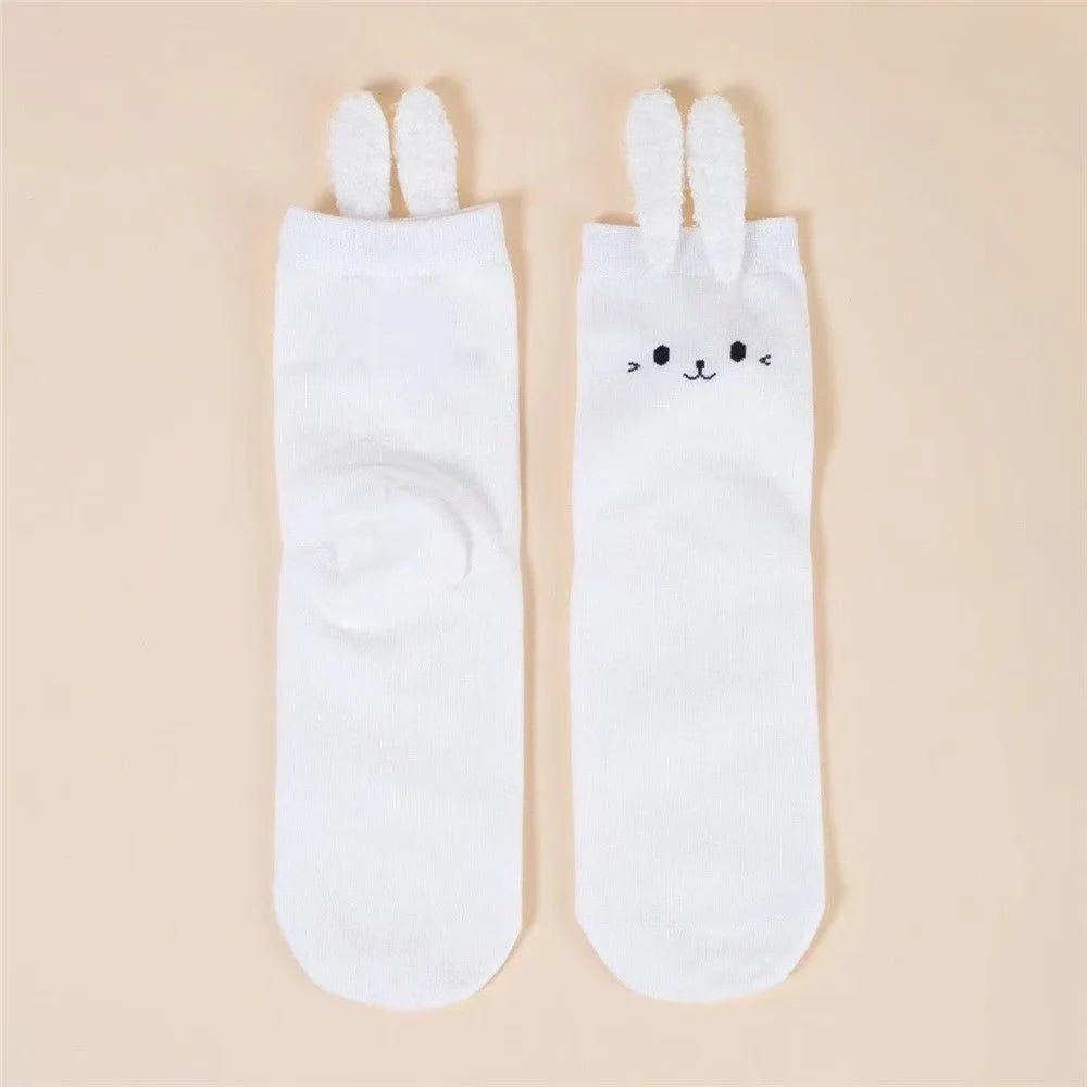 1 Pair Cute Bunny Ear Socks Women Sweet Kawaii Short Ankle Socks Cartoon 3D Plush Ears College Style - White - 2