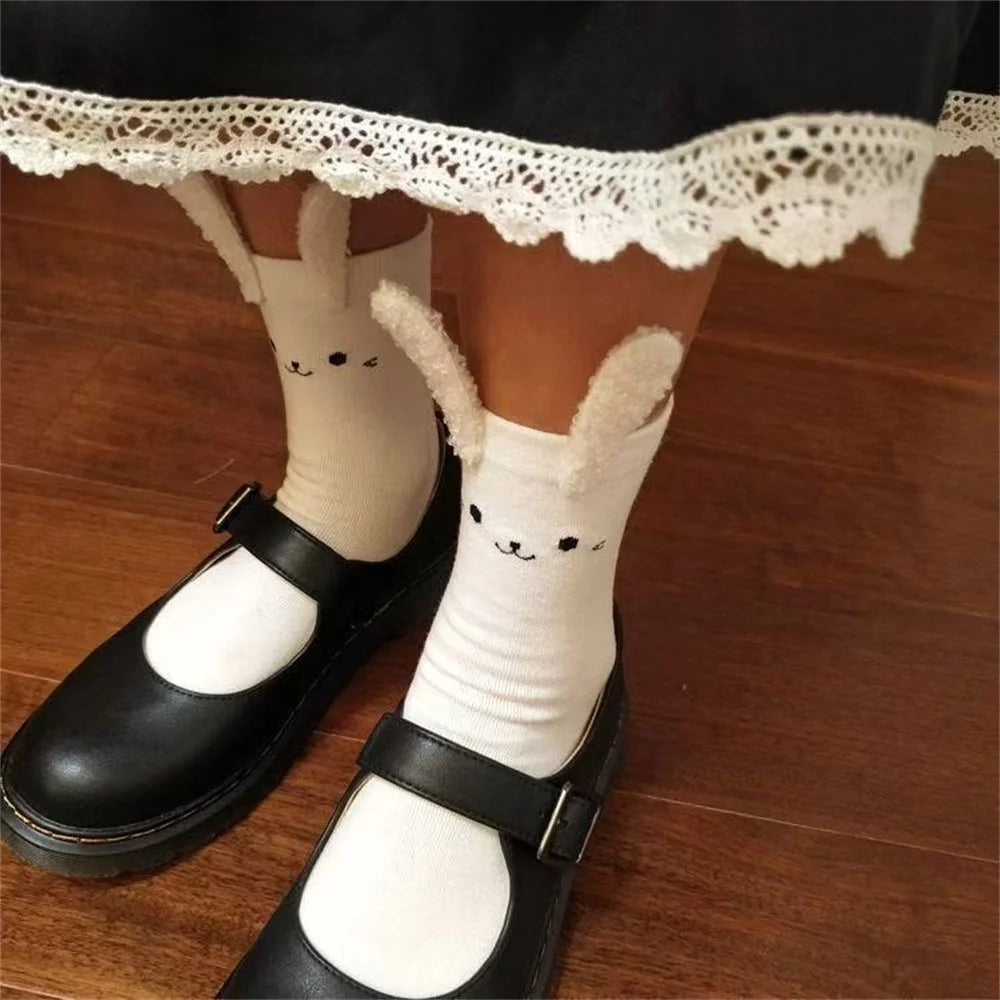 1 Pair Cute Bunny Ear Socks Women Sweet Kawaii Short Ankle Socks Cartoon 3D Plush Ears College Style - White - 4