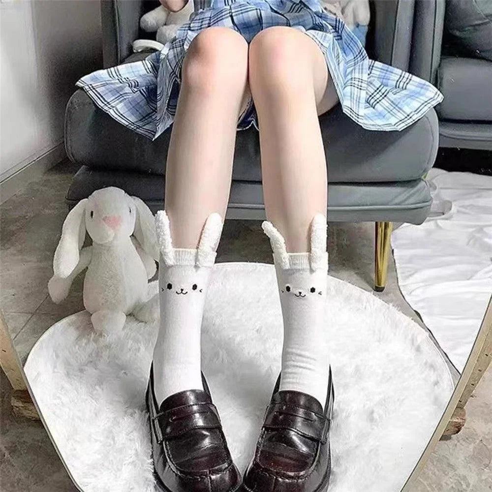 1 Pair Cute Bunny Ear Socks Women Sweet Kawaii Short Ankle Socks Cartoon 3D Plush Ears College Style - White - 6