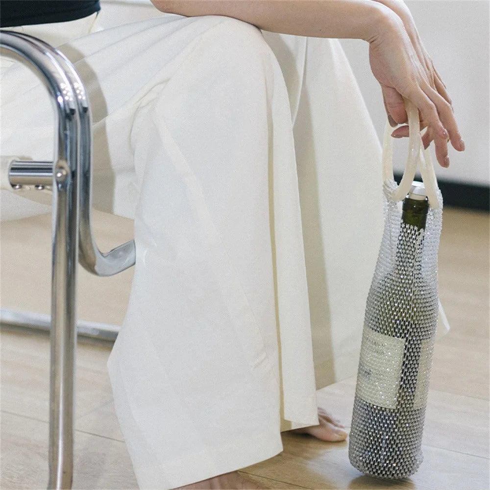 Rhinestones Wine Bottle Carrier Bag Handwoven Luxury Insulated Bottle Bag Czech Crystal Gift Packaging - White - 2