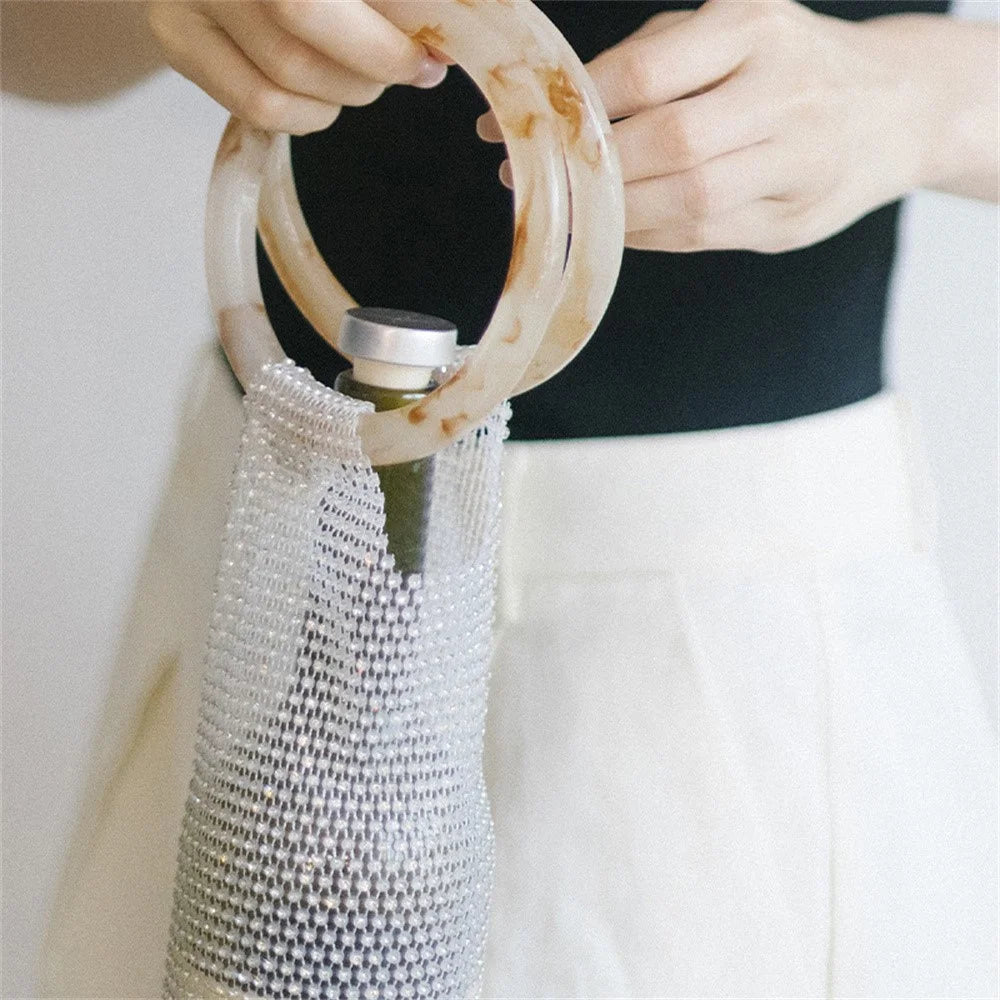 Rhinestones Wine Bottle Carrier Bag Handwoven Luxury Insulated Bottle Bag Czech Crystal Gift Packaging - White - 3