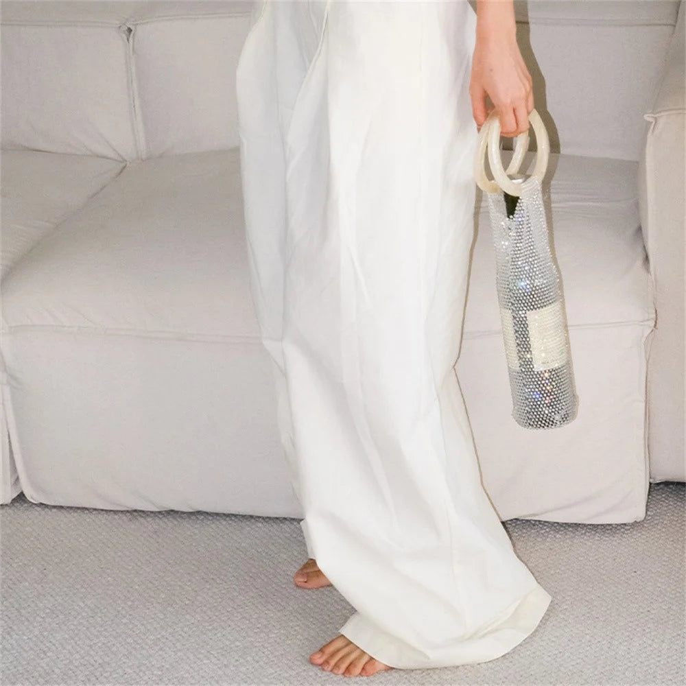 Rhinestones Wine Bottle Carrier Bag Handwoven Luxury Insulated Bottle Bag Czech Crystal Gift Packaging - White - 5