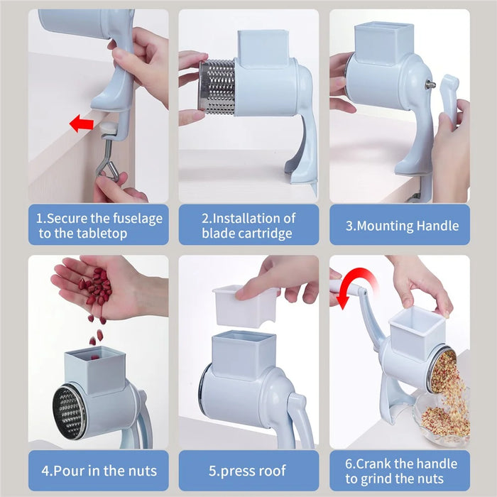 Manual Hand Crank Food Grinder Multifunctional Meat Mincer Nut Crusher Cheese Grater 2 Blades (FDA Certificated) - White - 7