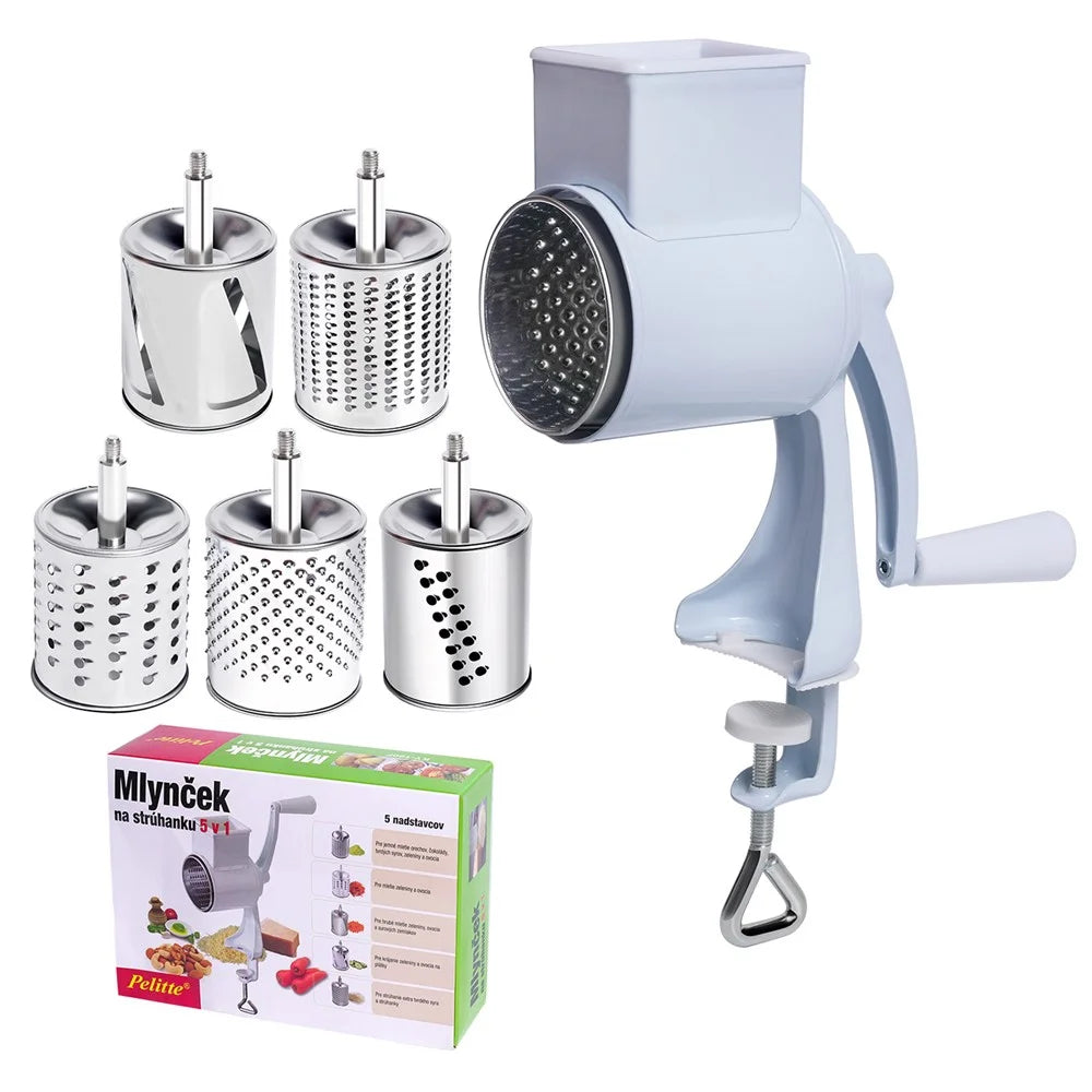 Manual Hand Crank Food Grinder Multifunctional Meat Mincer Nut Crusher Cheese Grater 5 Blades (FDA Certificated) - White - 1