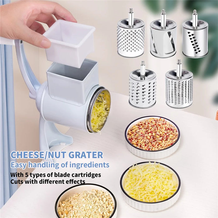 Manual Hand Crank Food Grinder Multifunctional Meat Mincer Nut Crusher Cheese Grater 5 Blades (FDA Certificated) - White - 2