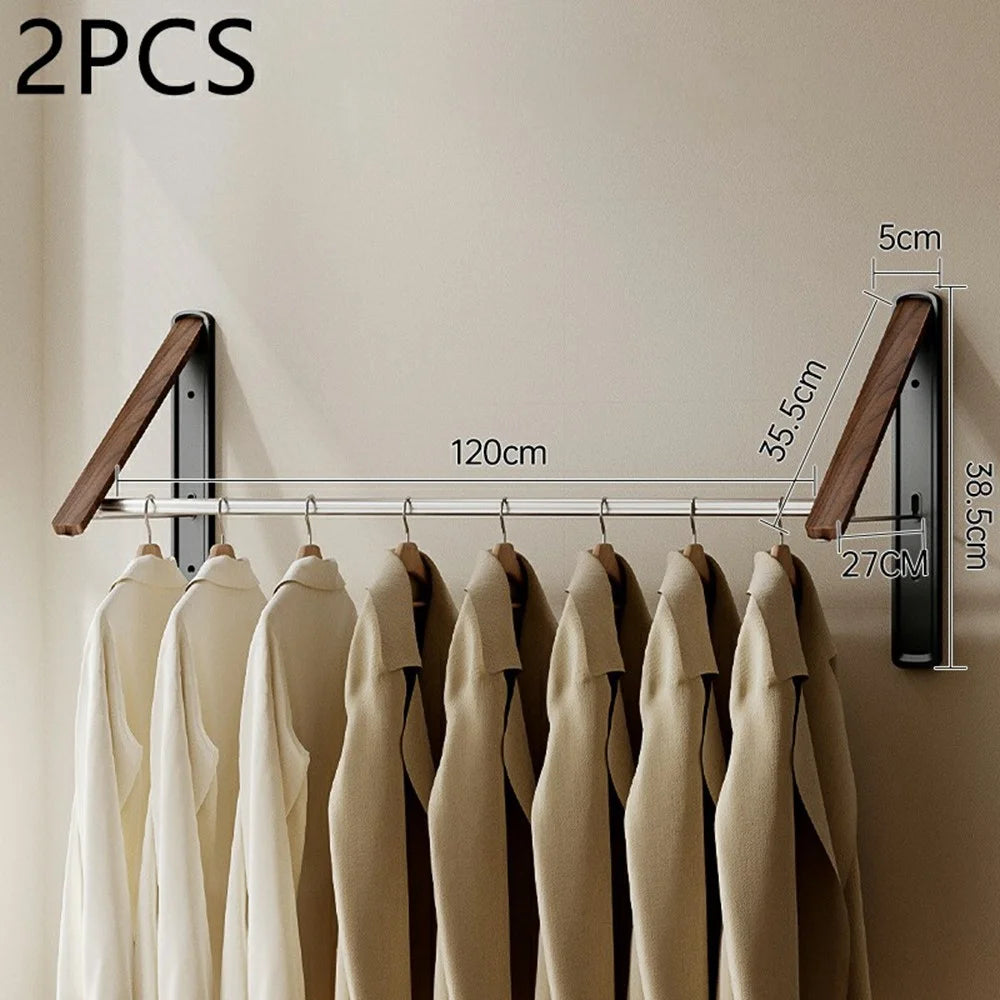 2PCS Folding Clothes Rack with 120cm Rod Wall Mounted Space Aluminum Retractable Laundry Drying Rail Hanger - Black - 1