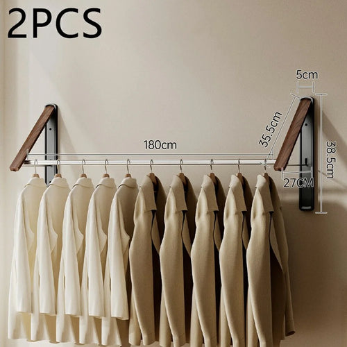2PCS Folding Clothes Rack with 180cm Rod Wall Mounted Space Aluminum Retractable Laundry Drying Rail Hanger - Black - 1