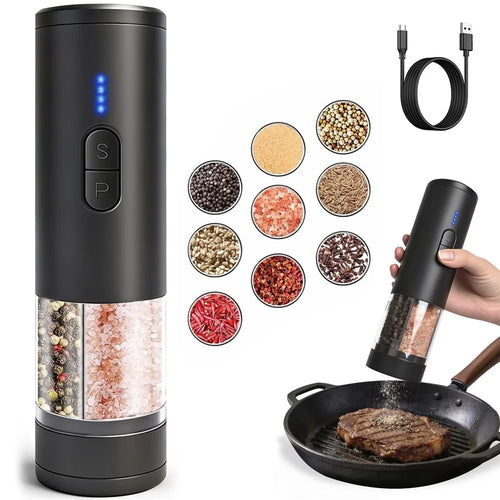 2 in 1 Electric Salt and Pepper Grinder USB Rechargeable Adjustable Coarseness Kitchen Spice Mill Shaker (BPA Free, No FDA) - Black - 1