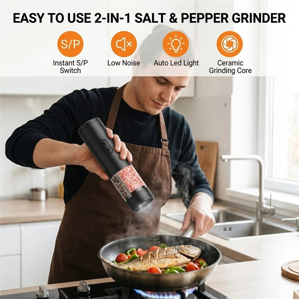 2 in 1 Electric Salt and Pepper Grinder USB Rechargeable Adjustable Coarseness Kitchen Spice Mill Shaker (BPA Free, No FDA) - Black - 3