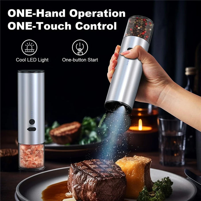 Electric Pepper Grinder Aluminum Alloy Gravity Sensor Adjustable Coarseness Spice Mill - Silver - 2