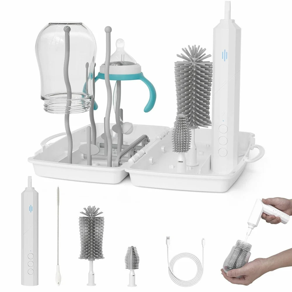 Electric Baby Feeding Bottle Brush Cleaning Kit Multi Function Baby Bottle Cleaner with Drying Rack - White - 1