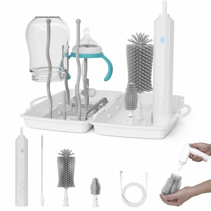 Electric Baby Feeding Bottle Brush Cleaning Kit Multi Function Baby Bottle Cleaner with Drying Rack - White - 1