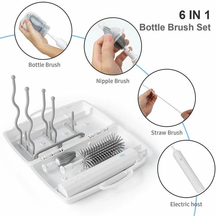 Electric Baby Feeding Bottle Brush Cleaning Kit Multi Function Baby Bottle Cleaner with Drying Rack - White - 2