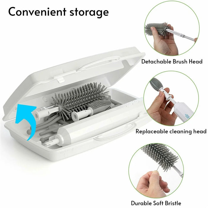 Electric Baby Feeding Bottle Brush Cleaning Kit Multi Function Baby Bottle Cleaner with Drying Rack - White - 6