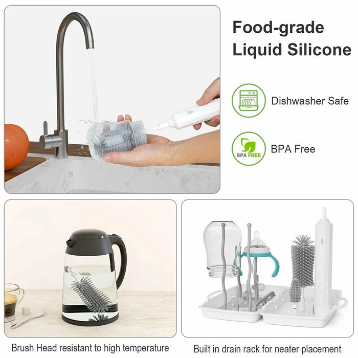 Electric Baby Feeding Bottle Brush Cleaning Kit Multi Function Baby Bottle Cleaner with Drying Rack - White - 7