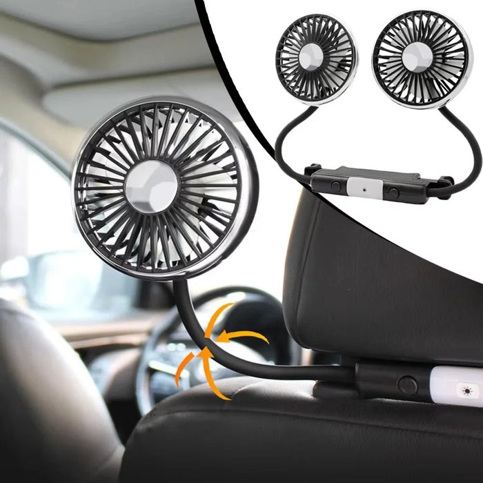 360 Degree Rotation Double Head 12V 24V Car Back Seat Fan 3-Speed Wind Adjustment USB Cooling Fan - Black - 7
