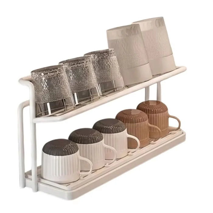 Kitchen Double Layer Cup Holder Rack with Draining Tray Countertop Organizer Glass Mug Storage Stand - White - 2