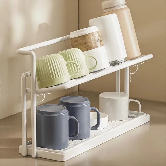 Kitchen Double Layer Cup Holder Rack with Draining Tray Countertop Organizer Glass Mug Storage Stand - White - 3