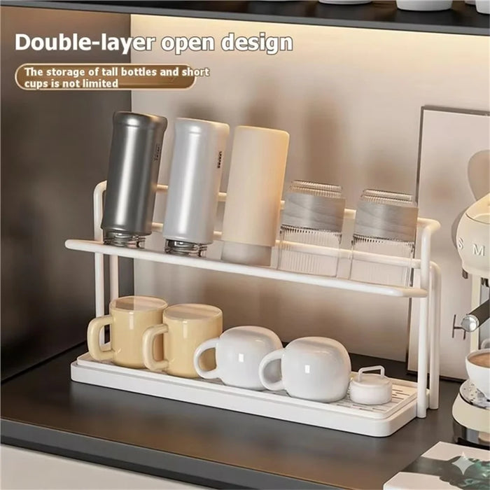 Kitchen Double Layer Cup Holder Rack with Draining Tray Countertop Organizer Glass Mug Storage Stand - White - 5