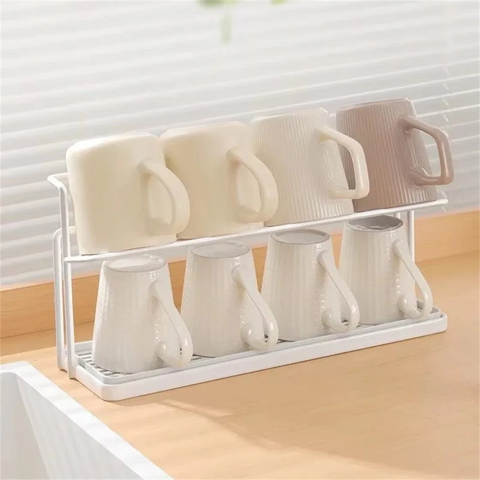 Kitchen Double Layer Cup Holder Rack with Draining Tray Countertop Organizer Glass Mug Storage Stand - White - 6