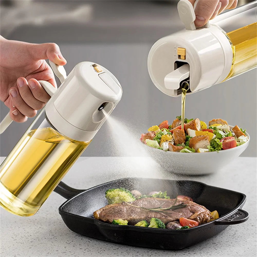 2 in 1 550ml Kitchen Oil Spray Bottle Pour Bottle Leak Proof Glass Oil Dispenser - White - 2