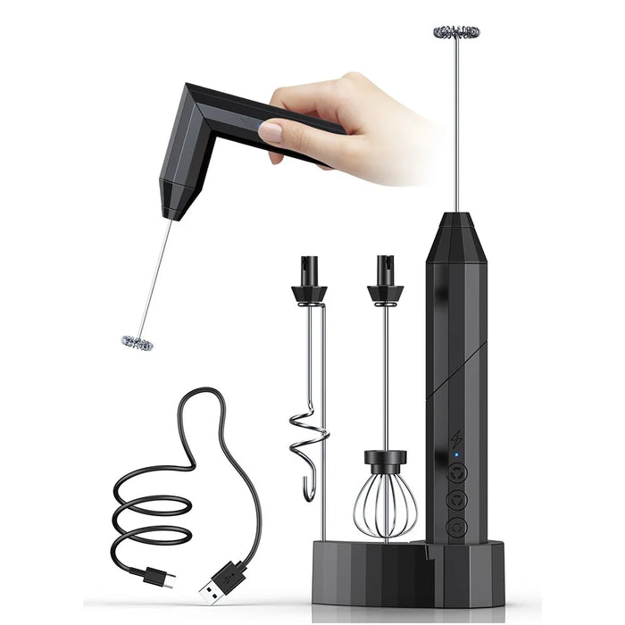 Electric Milk Frother Stainless Steel Coffee Cream Foam Maker Foldable Whisk with 3 Interchangeable Heads - Black - 1