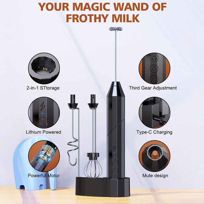 Electric Milk Frother Stainless Steel Coffee Cream Foam Maker Foldable Whisk with 3 Interchangeable Heads - Black - 4