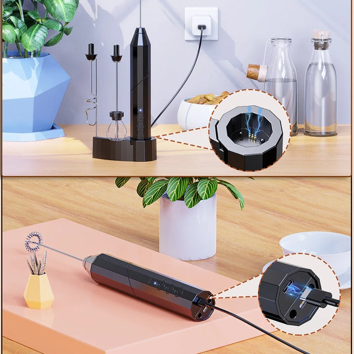 Electric Milk Frother Stainless Steel Coffee Cream Foam Maker Foldable Whisk with 3 Interchangeable Heads - Black - 5