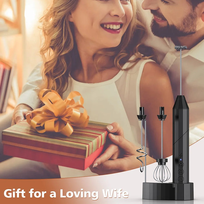 Electric Milk Frother Stainless Steel Coffee Cream Foam Maker Foldable Whisk with 3 Interchangeable Heads - Black - 6