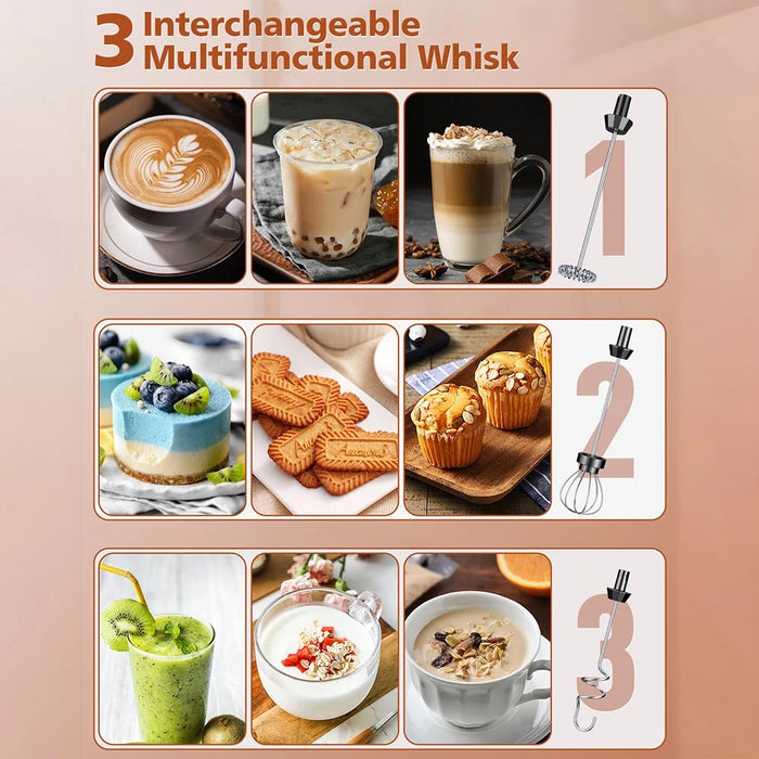Electric Milk Frother Stainless Steel Coffee Cream Foam Maker Foldable Whisk with 3 Interchangeable Heads - Black - 7