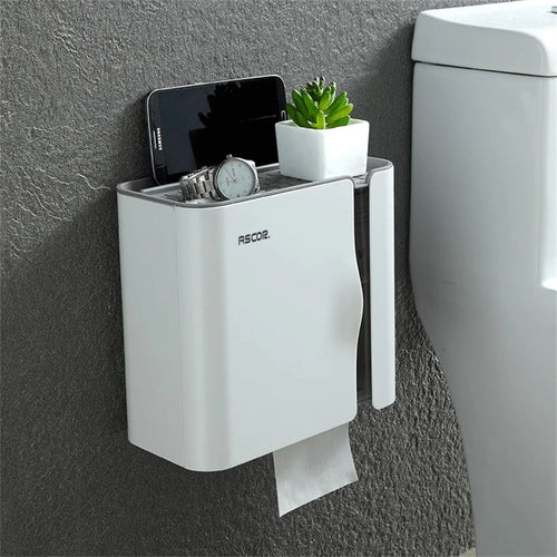 Punch Free Wall Mounted Toilet Paper Holder Bathroom Tissue Dispenser Storage Organizer Box - White - 1