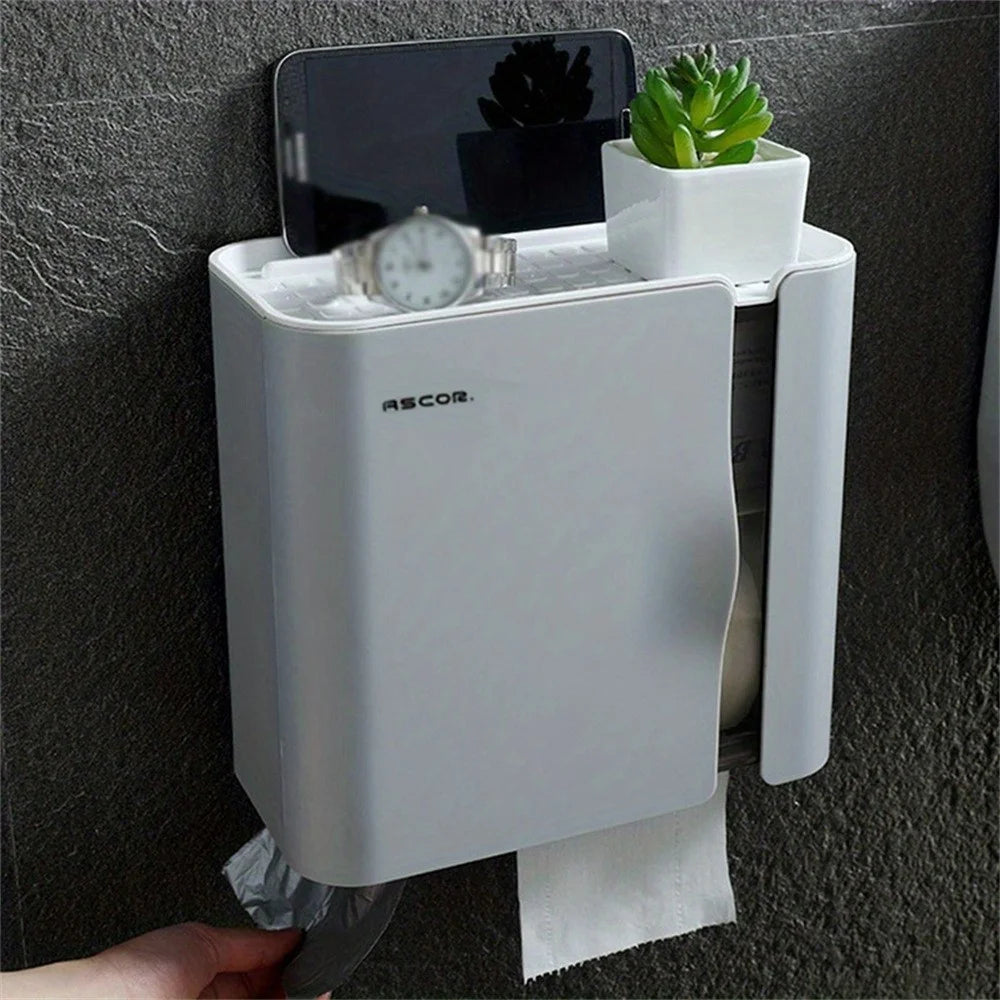 Punch Free Wall Mounted Toilet Paper Holder Bathroom Tissue Dispenser Storage Organizer Box - White - 3