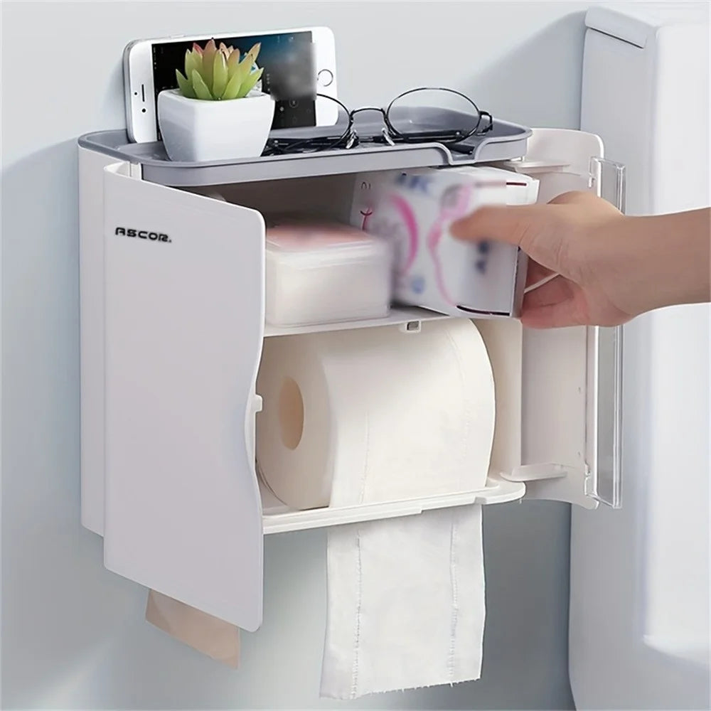 Punch Free Wall Mounted Toilet Paper Holder Bathroom Tissue Dispenser Storage Organizer Box - White - 4