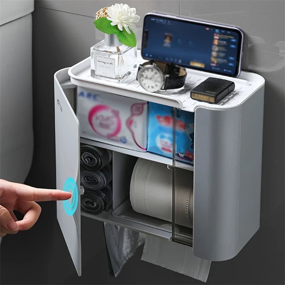 Punch Free Wall Mounted Toilet Paper Holder Bathroom Tissue Dispenser Storage Organizer Box - White - 5