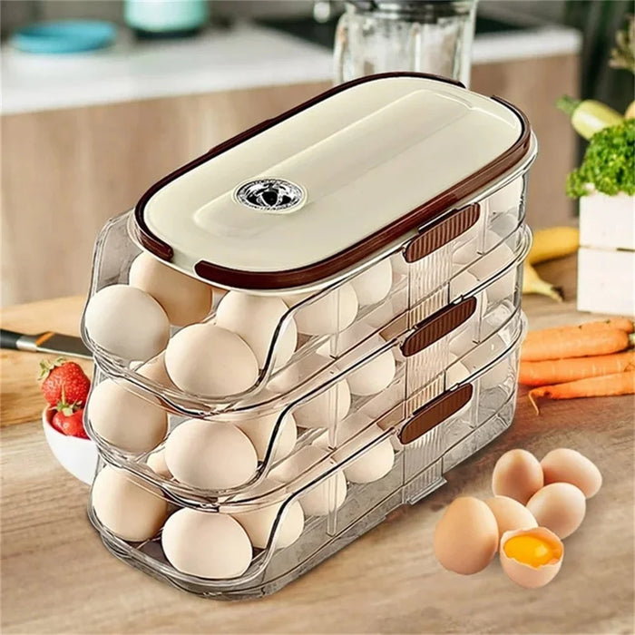 3-Tier Double Row Auto Rolling Egg Storage Container Plastic Stackable Refrigerator Eggs Organizer Box - Clear - 3