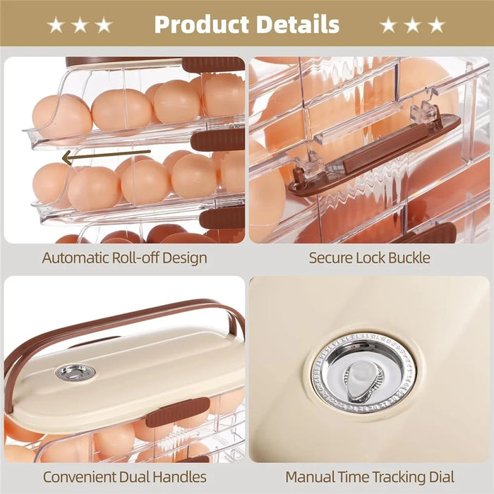 3-Tier Double Row Auto Rolling Egg Storage Container Plastic Stackable Refrigerator Eggs Organizer Box - Clear - 5