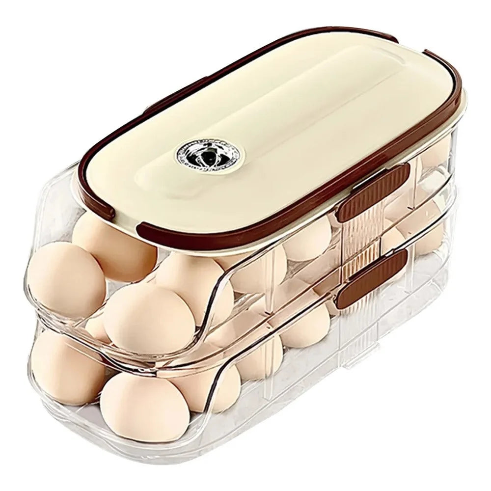 2-Tier Double Row Auto Rolling Egg Storage Container Plastic Stackable Refrigerator Eggs Organizer Box - Clear - 1