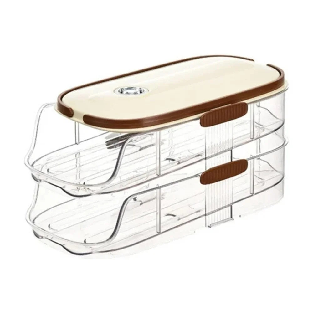 2-Tier Double Row Auto Rolling Egg Storage Container Plastic Stackable Refrigerator Eggs Organizer Box - Clear - 2