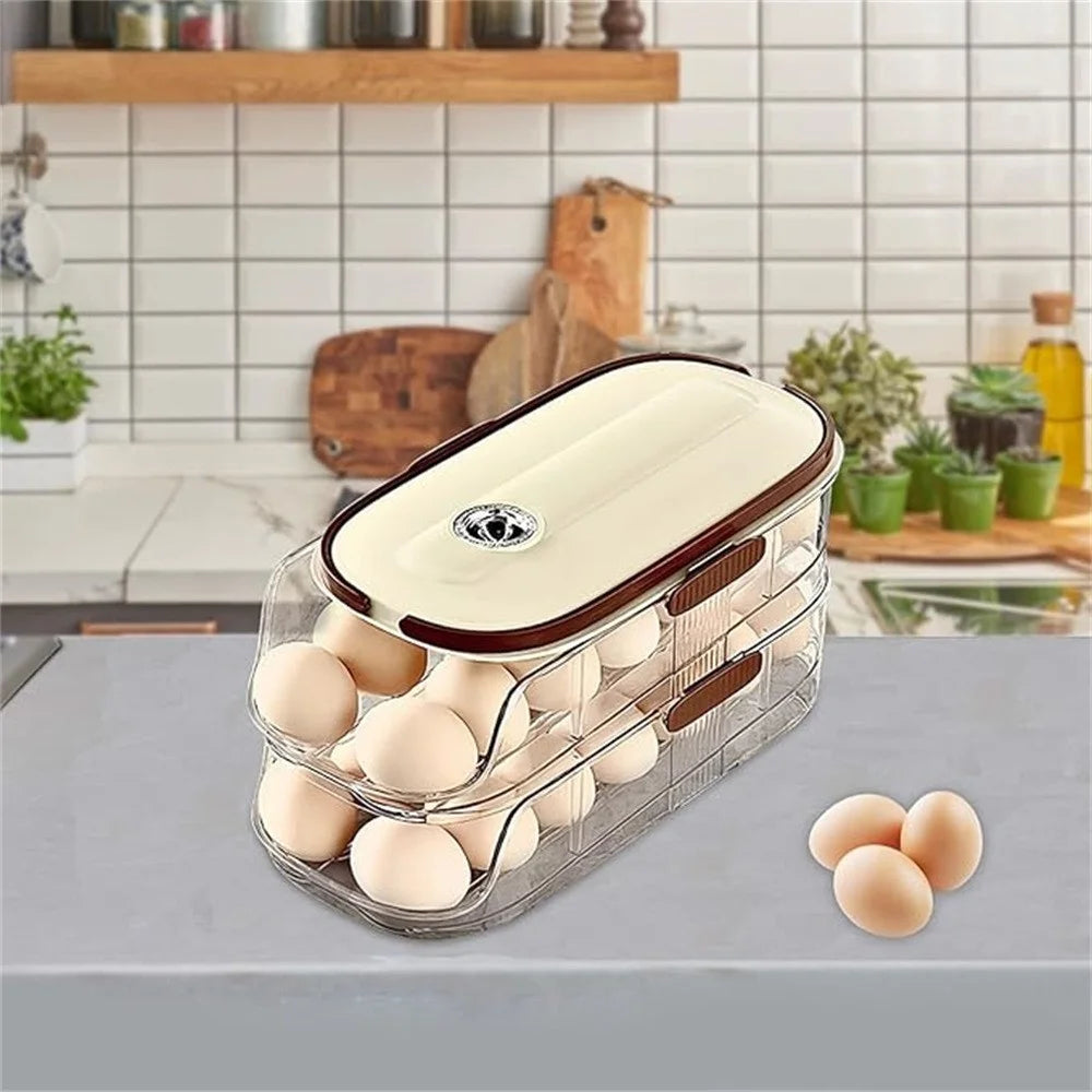 2-Tier Double Row Auto Rolling Egg Storage Container Plastic Stackable Refrigerator Eggs Organizer Box - Clear - 3