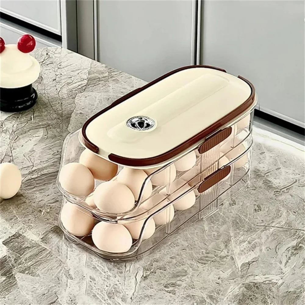 2-Tier Double Row Auto Rolling Egg Storage Container Plastic Stackable Refrigerator Eggs Organizer Box - Clear - 4
