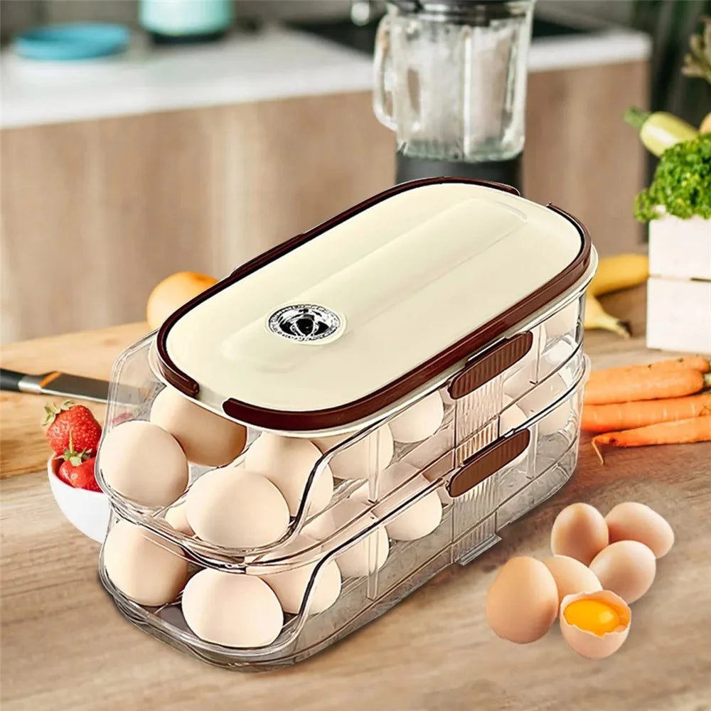 2-Tier Double Row Auto Rolling Egg Storage Container Plastic Stackable Refrigerator Eggs Organizer Box - Clear - 5