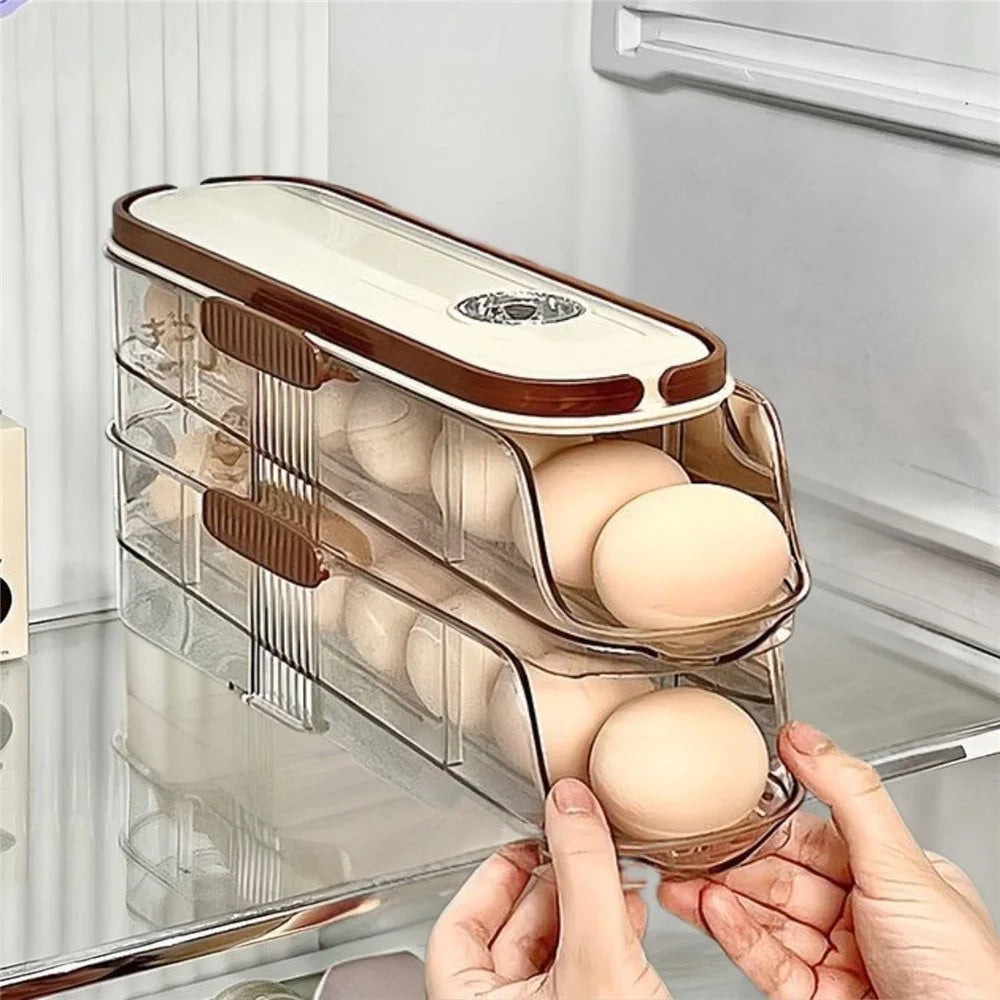 2-Tier Single Row Auto Rolling Egg Storage Container Plastic Stackable Refrigerator Eggs Organizer Box - Clear - 1