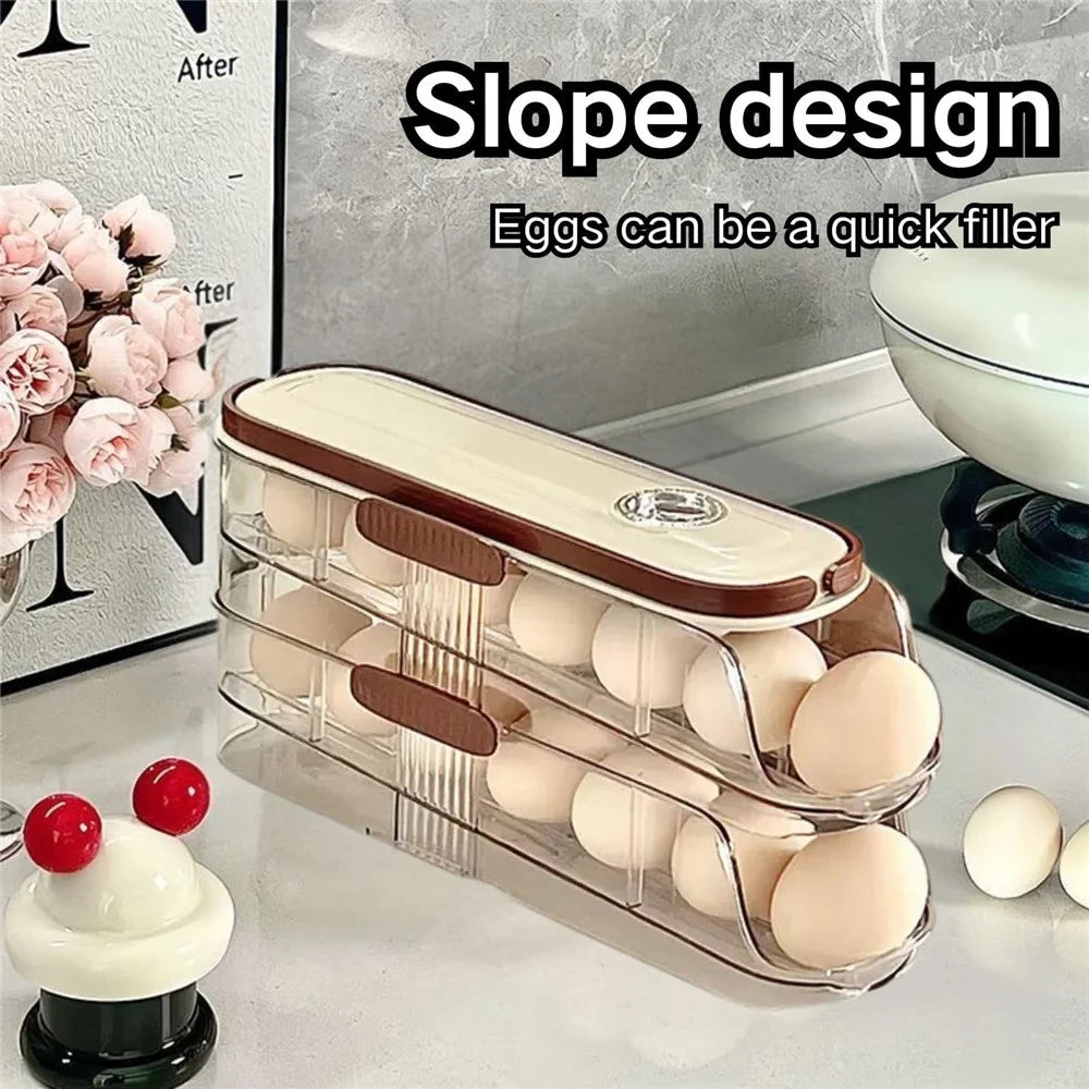 2-Tier Single Row Auto Rolling Egg Storage Container Plastic Stackable Refrigerator Eggs Organizer Box - Clear - 6